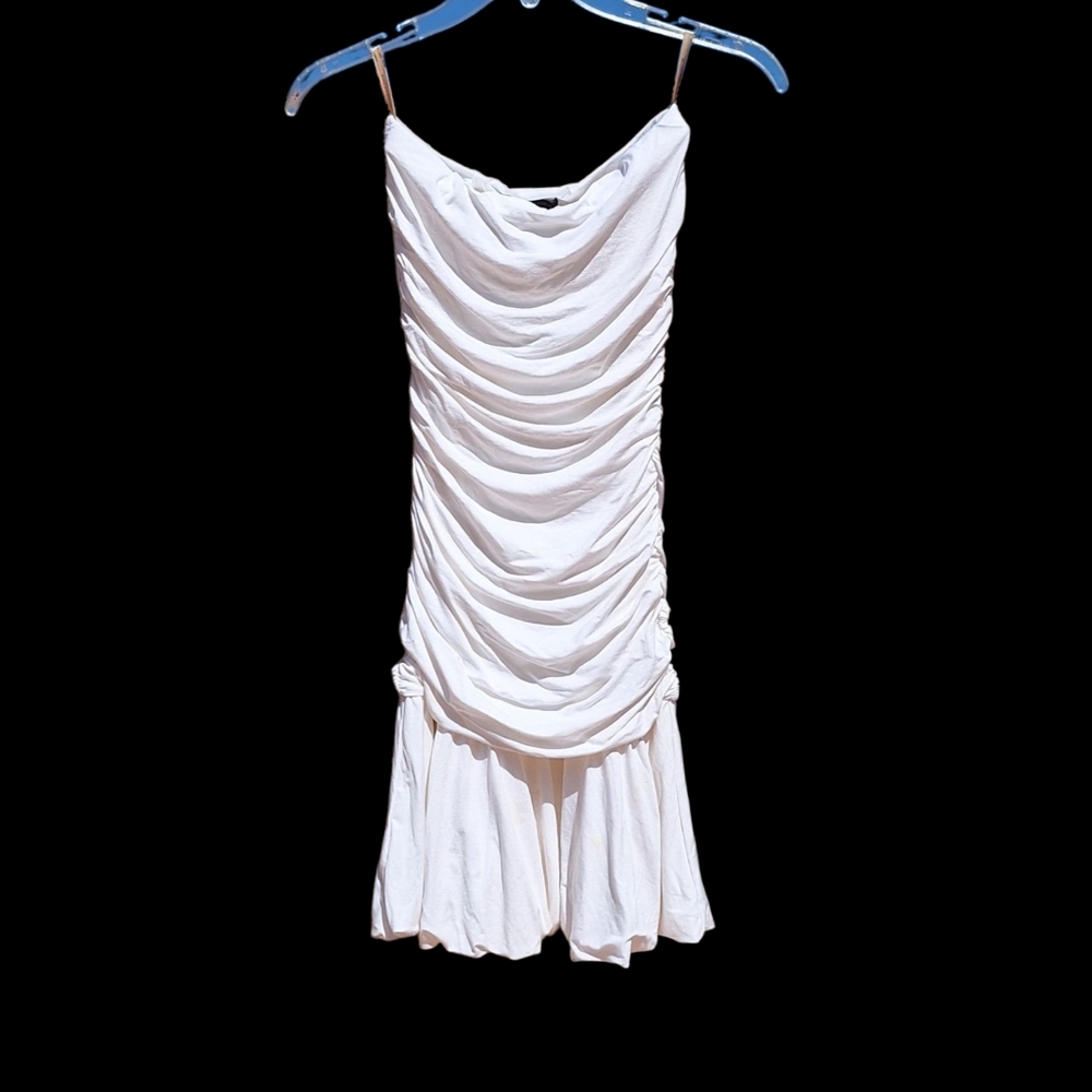BCBGMaxAzria White Ruched Mini Dress Drop Waist Bubble Pixie Jersey Kawaii XS